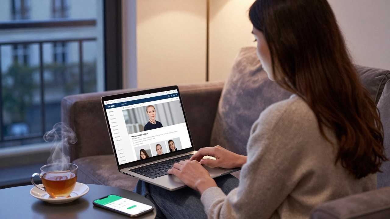 A professional companion in a Paris apartment reviewing a vetted client platform.