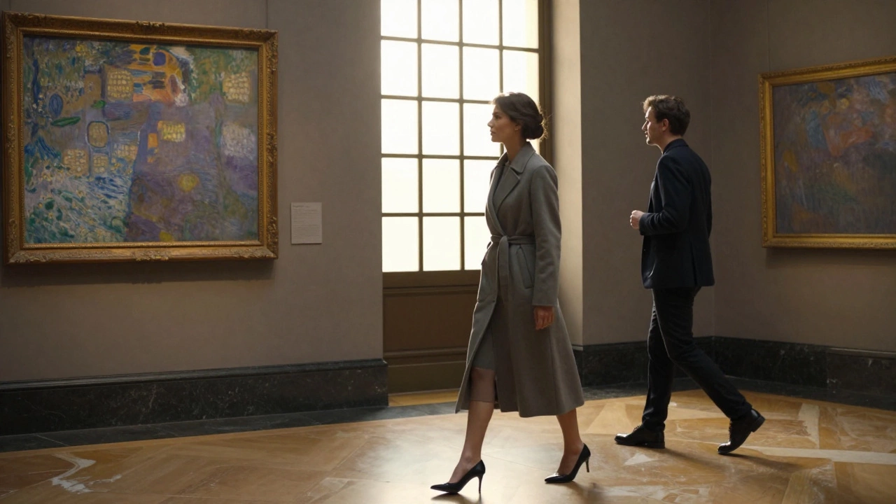 A woman and client walking through the Musée d&#039;Orsay, engaged in quiet conversation.