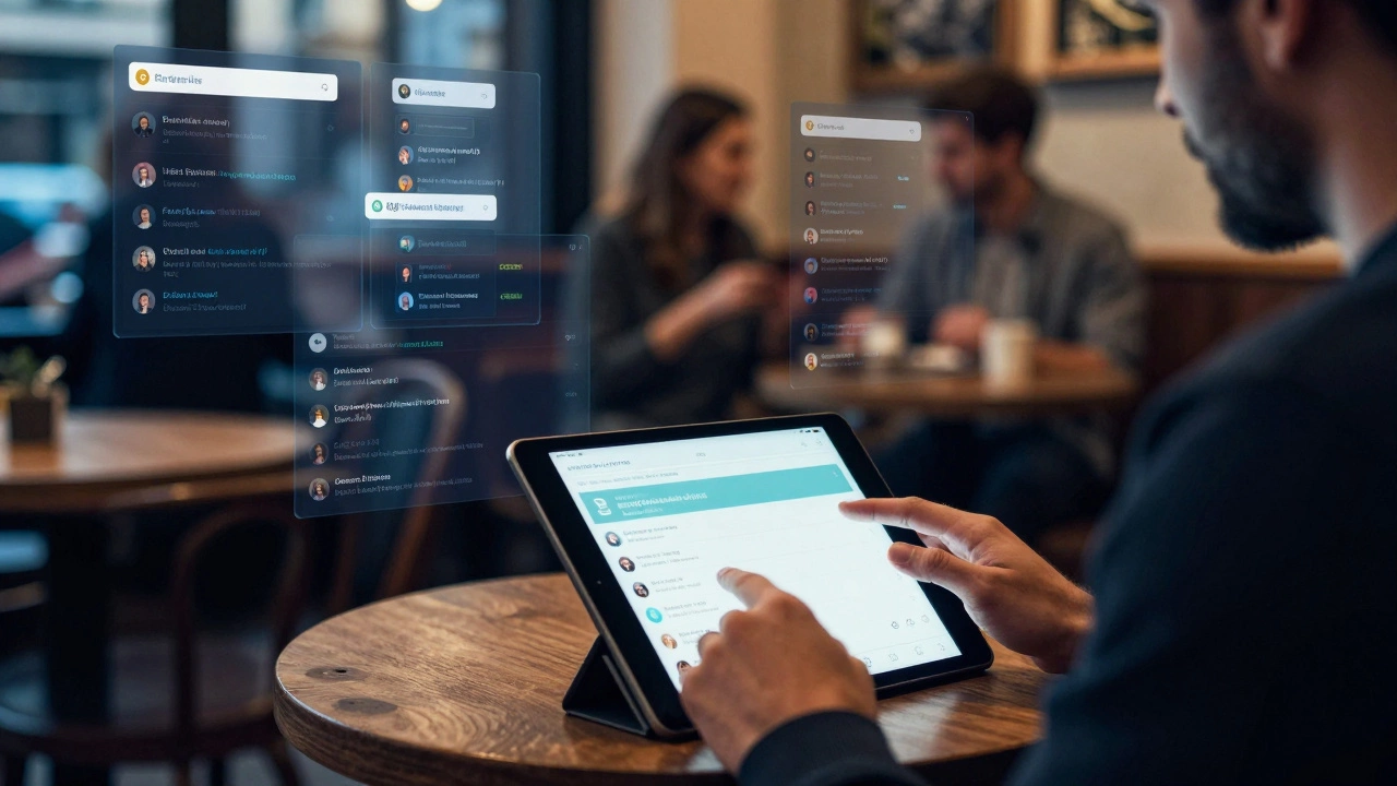 Digital broker working at a café, monitoring encrypted apps and payment confirmations on multiple screens.